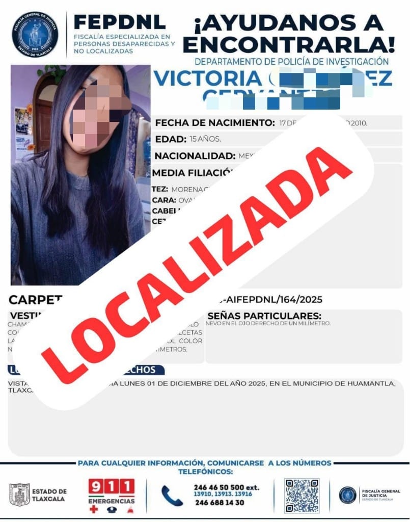 Menor de Huamantla reportada como extraviada es localizada sana y salva en Puebla